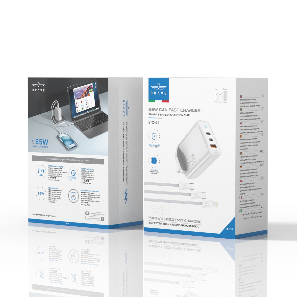 BRAVE BTC-35 65W GaN USB-C Fast Charger with Power Delivery & Quick Charge – 2 USB-C & 1 USB-A Ports -White