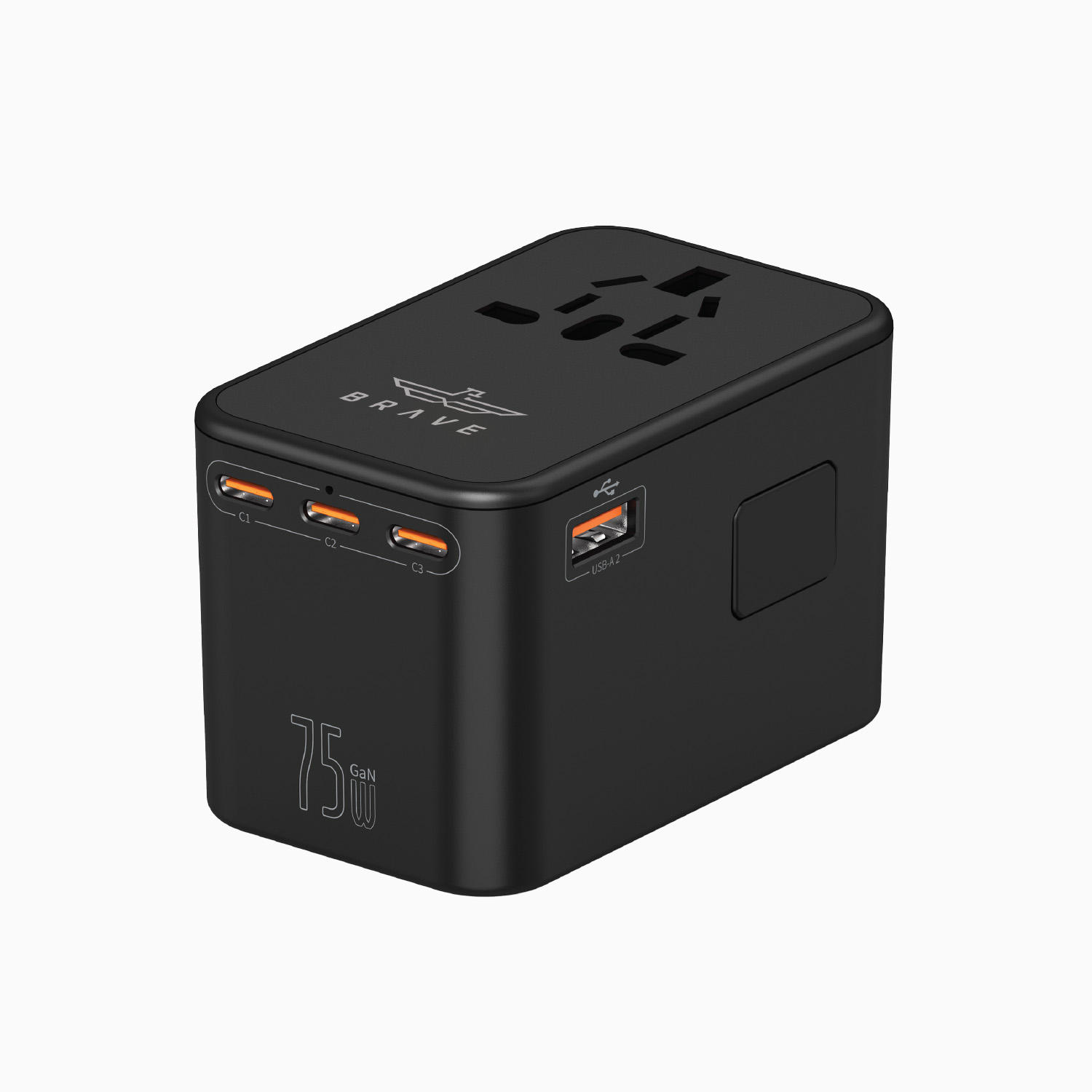 BRAVE BTC-30  Universal Travel Adapter 75W GaN Fast Charger - 5Port + AC Travel Adapter - Black