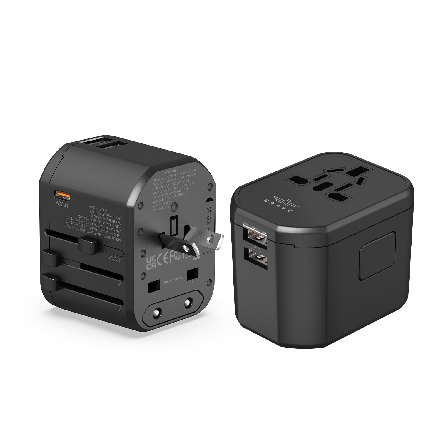 Brave BTC-33 4-in-1 Universal Travel Adapter  with 20W Fast Charging | 1 AC Socket, 2 USB-A, 1 USB-C PD - Black