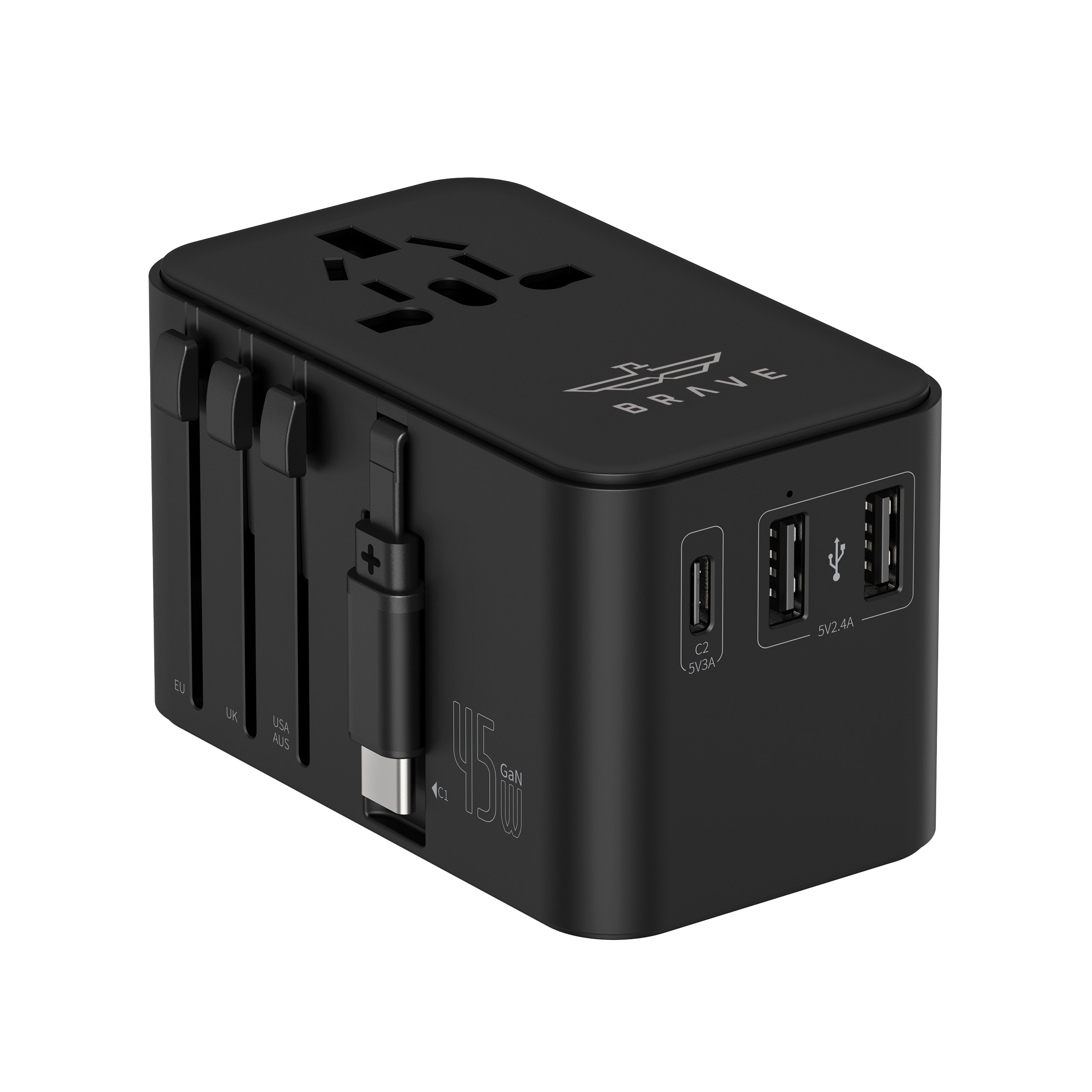BRAVE BTC-34 Universal Travel Adapter 45W GaN III Fast Charger with Retractable USB-C Cable - Black
