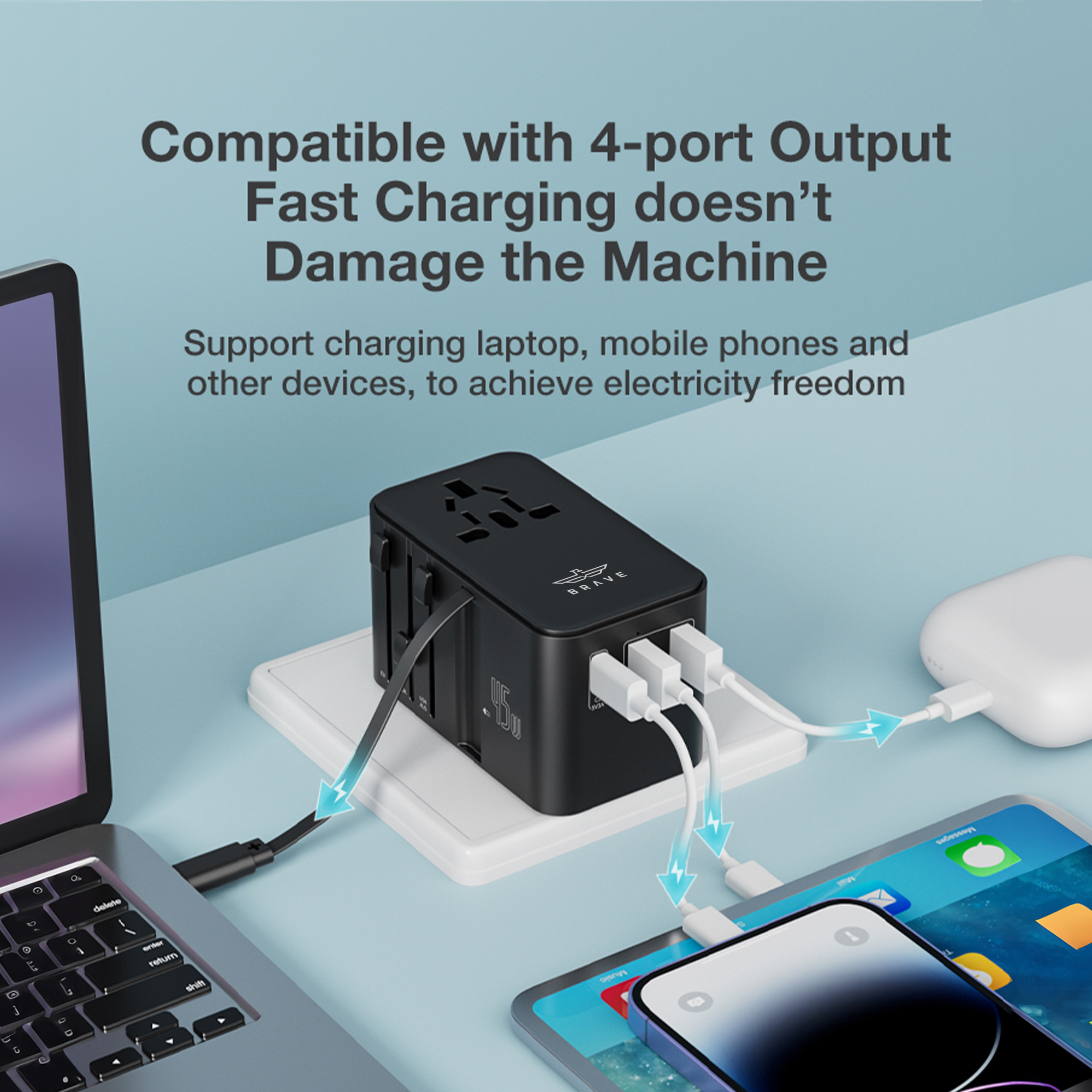 BRAVE BTC-34 Universal Travel Adapter 45W GaN III Fast Charger with Retractable USB-C Cable - Black