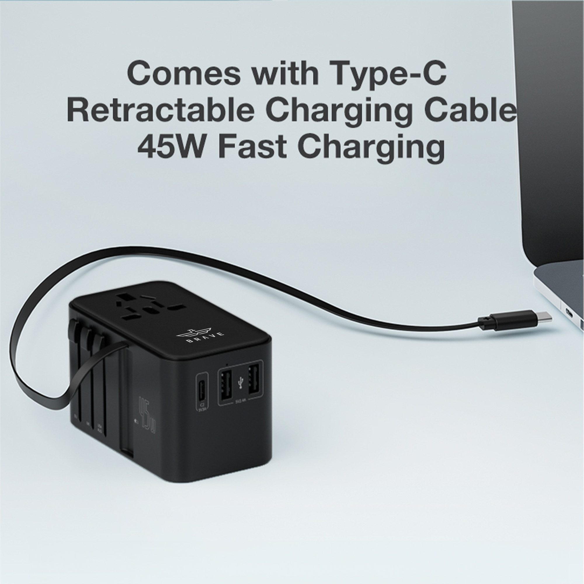 BRAVE BTC-34 Universal Travel Adapter 45W GaN III Fast Charger with Retractable USB-C Cable - Black