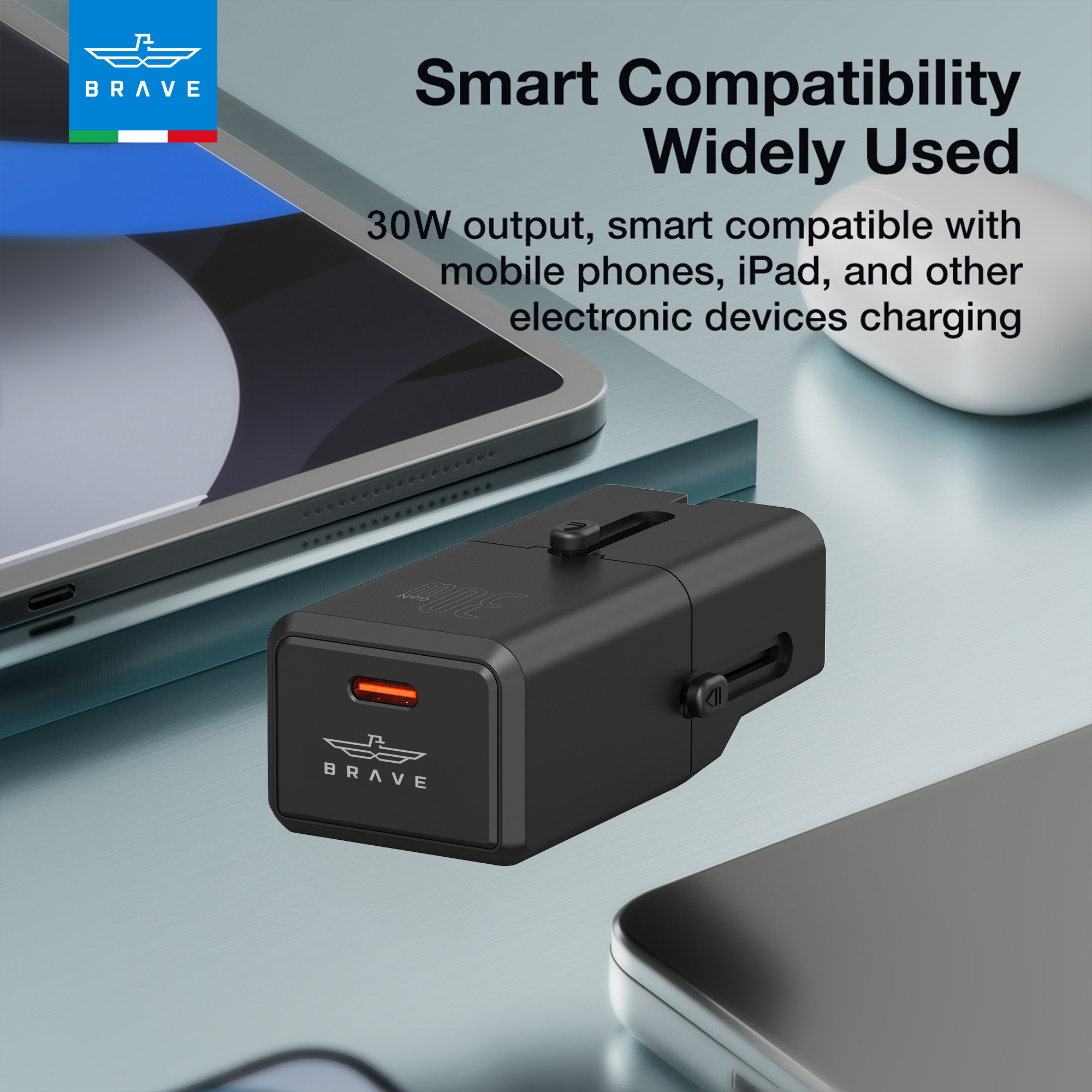 BRAVE GaN2-30W International Travel Charger – Fast Charging USB-A & USB-C, Worldwide Plug Compatibility - Black