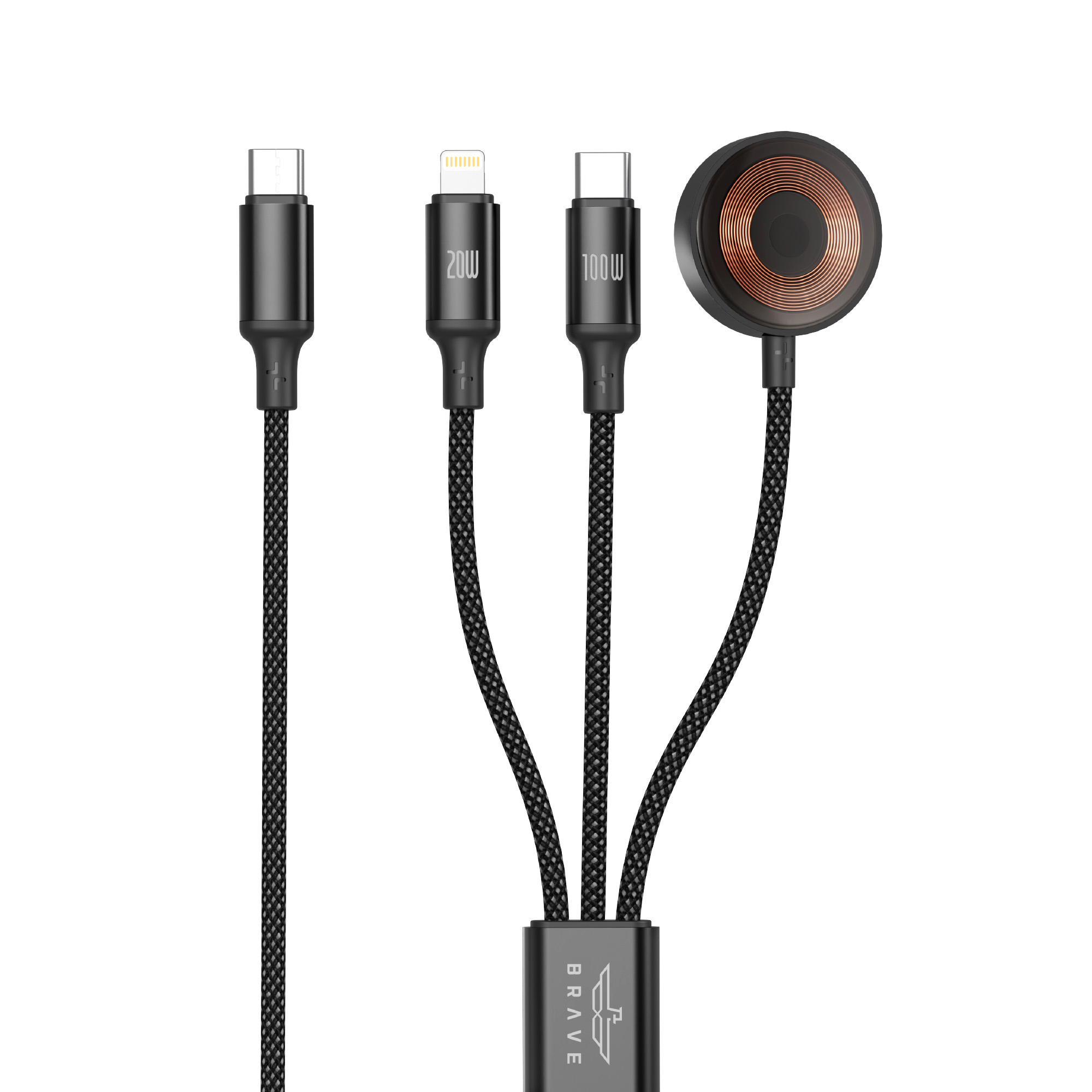 BRAVE BDC-53 Trivolt 3-in-1 Fast Charging Cable 100W, USB-C to USB-C, 20W Lightning & 2.5W Apple Watch Magnetic Charger - Black