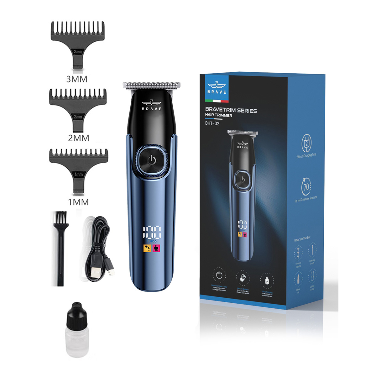 BRAVE Men's Hair Trimmer | Cordless Grooming Kit with T-Blade - Black