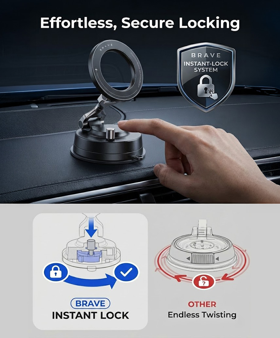 BRAVE MagSafe Car Phone Holder with Vacuum Suction for Dashboard & Windshield BHL-56 - Black