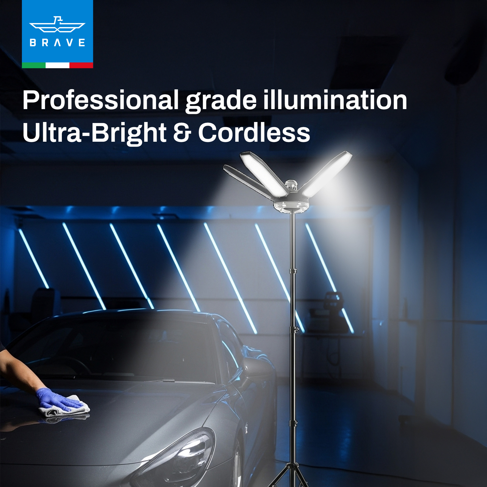 BRAVE BLS-02 BrightForce Pro 80W Portable Camping Light, 8000LM Foldable LED Floodlight with 2.5m Tripod, Battery Clip Power & IP54 Waterproof Lamp