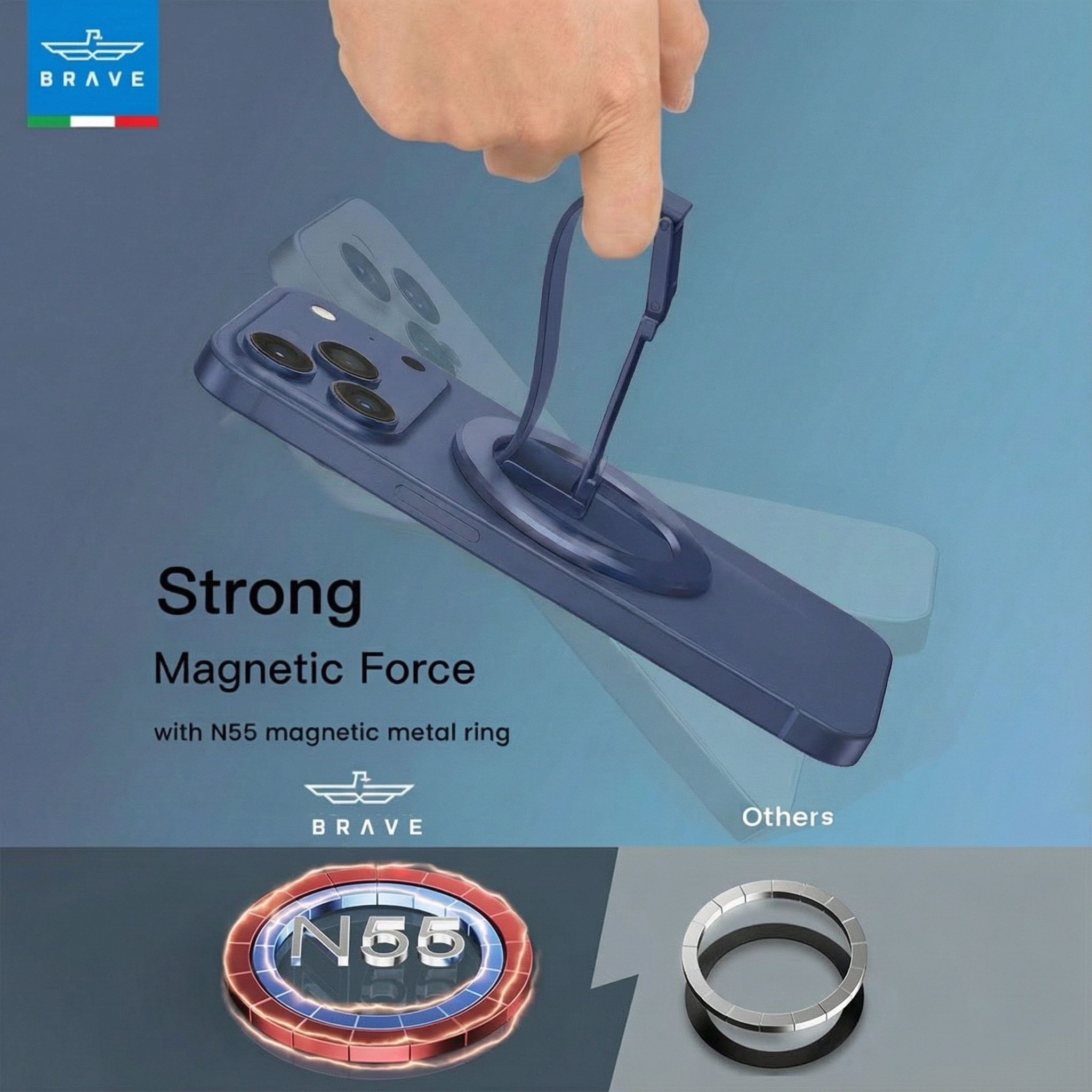 BRAVE MagLoop 360° Rotatable Magnetic Phone Grip & Kickstand, MagSafe Compatible, Adjustable Stand for iPhone & Android - Blue