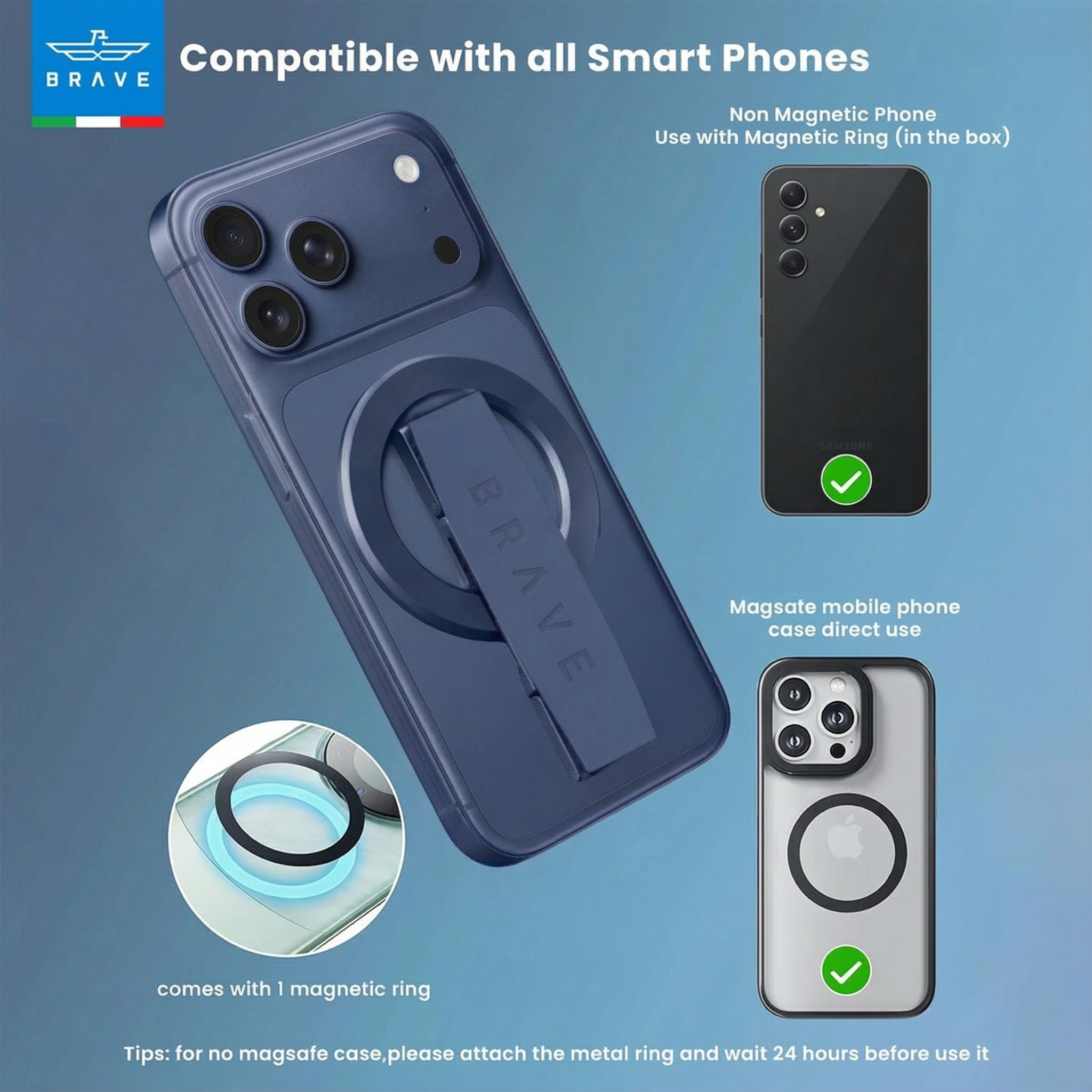 BRAVE MagLoop 360° Rotatable Magnetic Phone Grip & Kickstand, MagSafe Compatible, Adjustable Stand for iPhone & Android - Blue