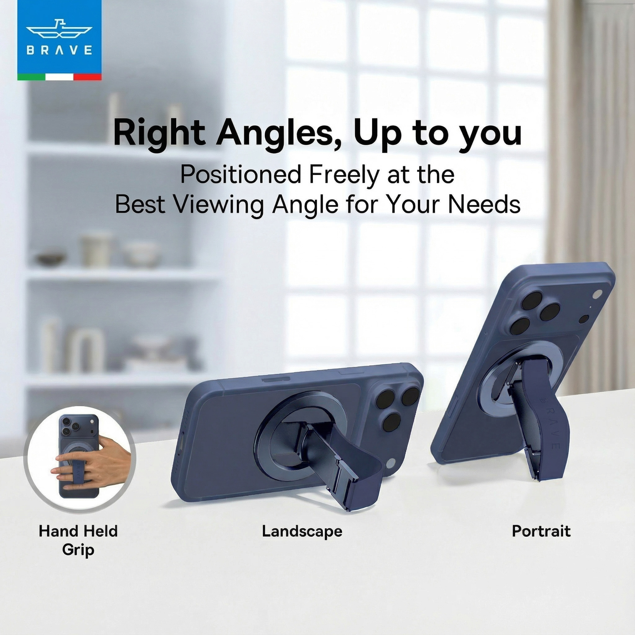 BRAVE MagLoop 360° Rotatable Magnetic Phone Grip & Kickstand, MagSafe Compatible, Adjustable Stand for iPhone & Android - Blue