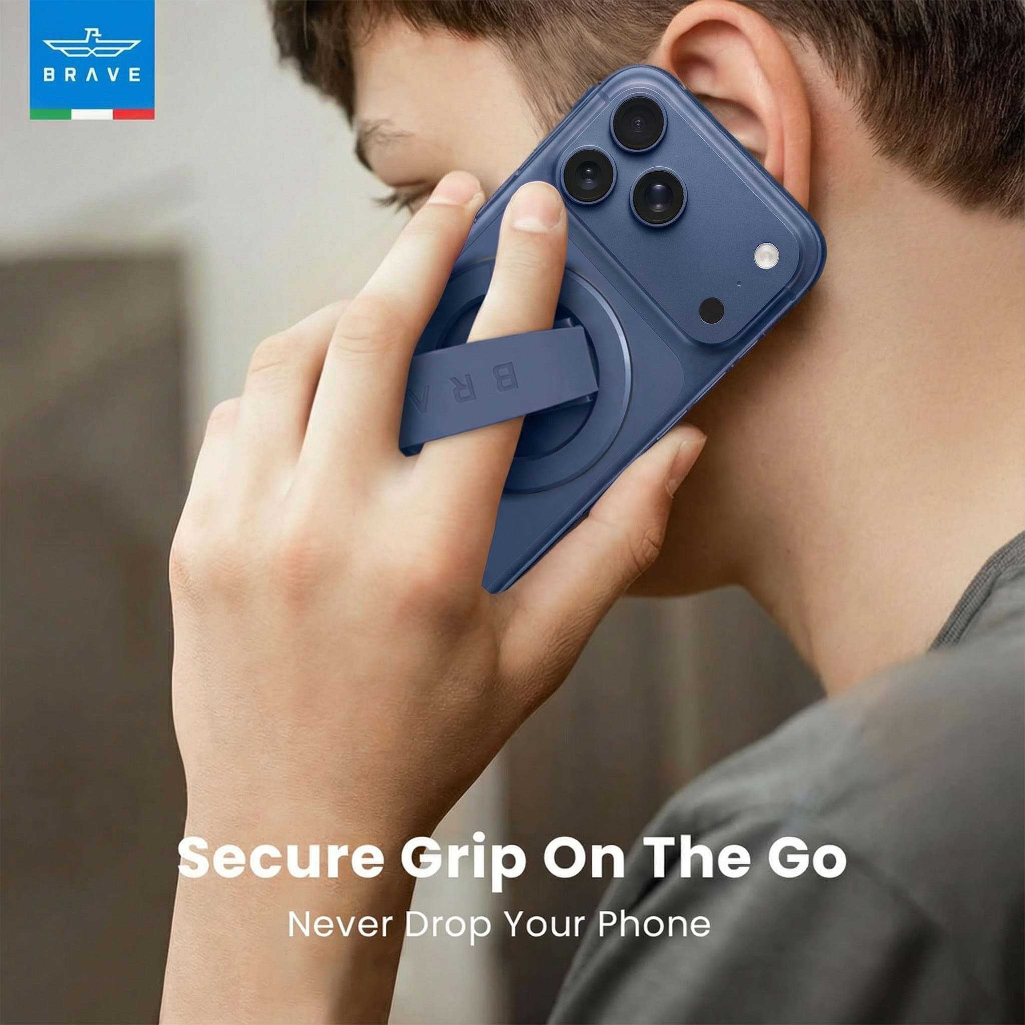 BRAVE MagLoop 360° Rotatable Magnetic Phone Grip & Kickstand, MagSafe Compatible, Adjustable Stand for iPhone & Android - Blue