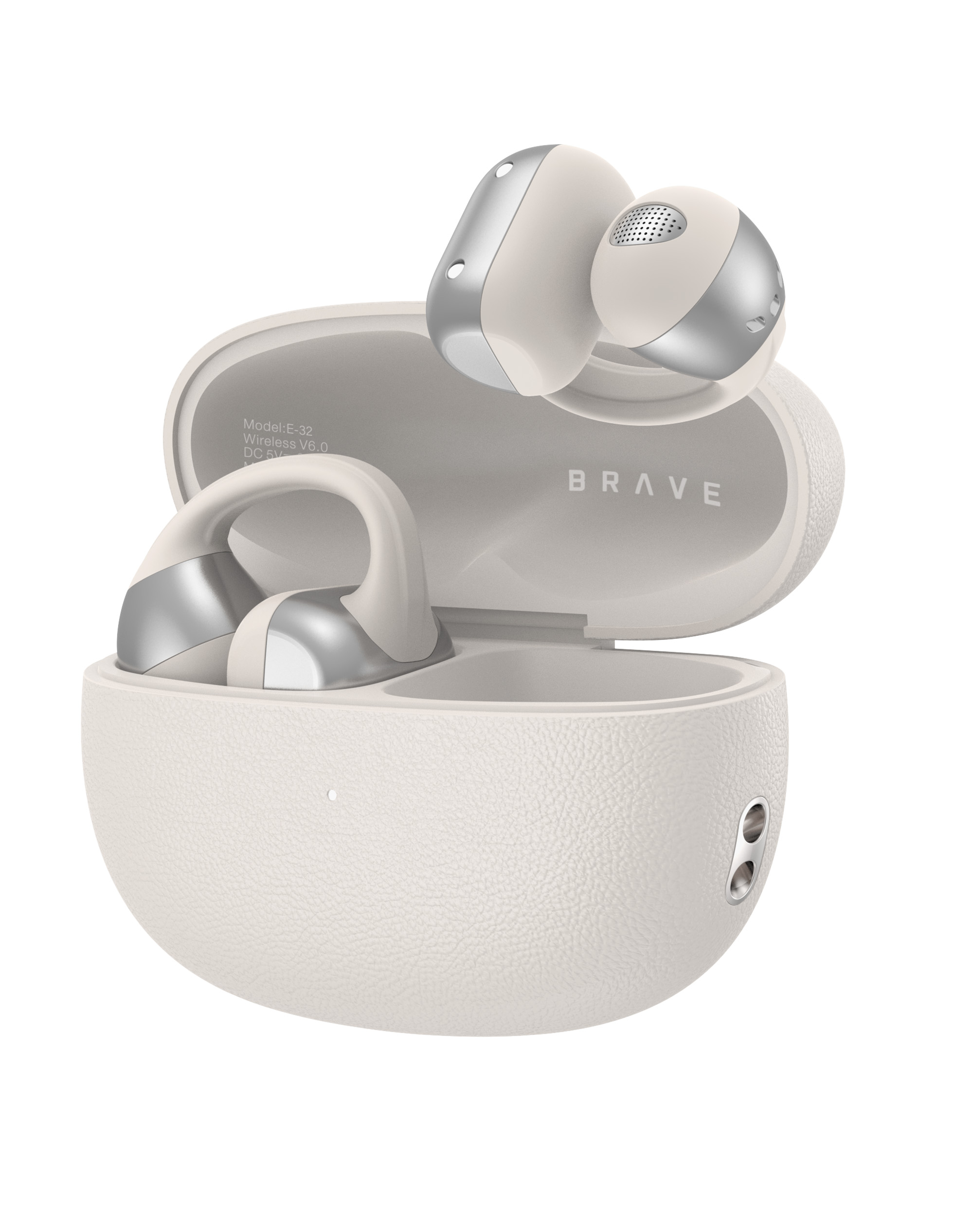 BRAVE E-32 ClipFit Pro Open-Ear Wireless Earbuds | Bluetooth V6.0 Clip-On Ear Cuff, 8H Playtime, Air Conduction – Beige