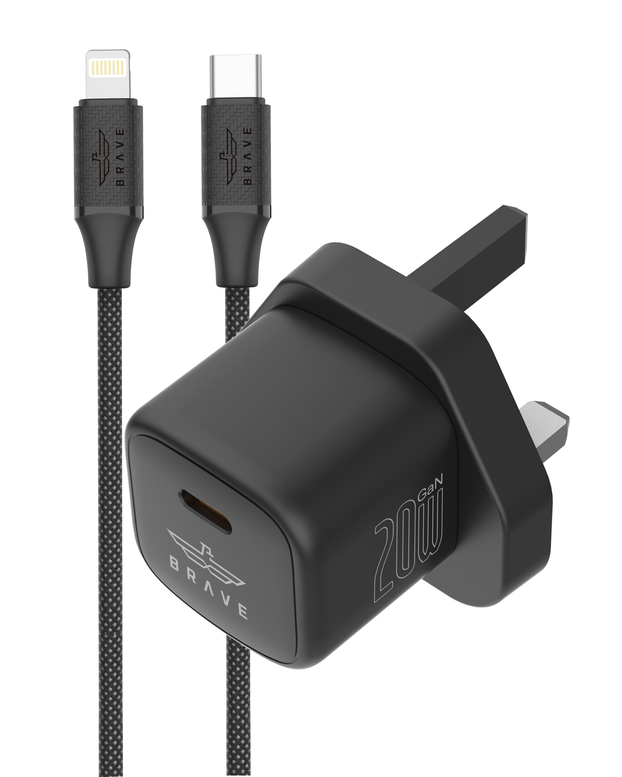 BRAVE BTC-41 20W GaN USB-C Wall Charger with 1M Braided Lightning Cable - Black