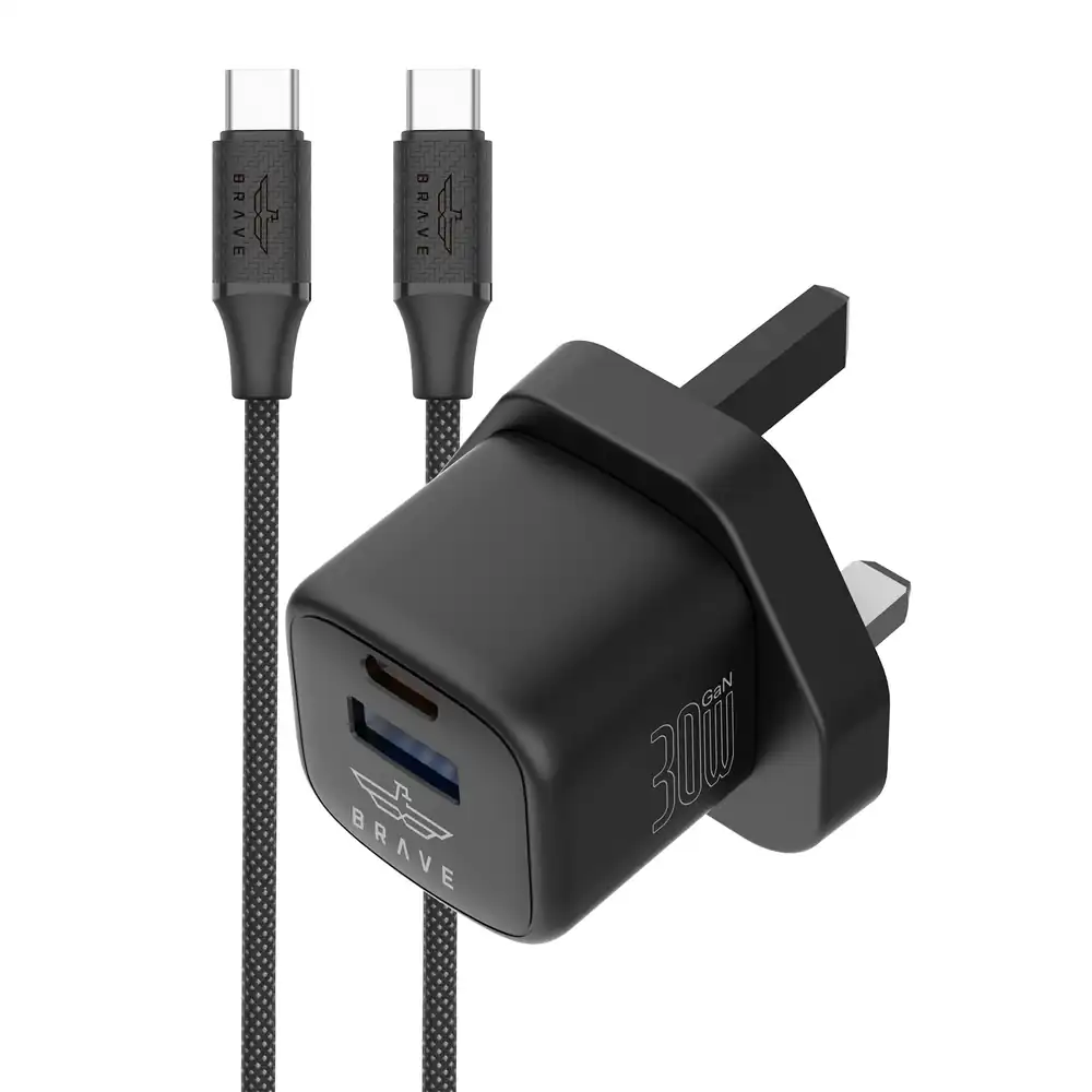 BRAVE BTC-42 30W GaN USB + USB-C Wall Fast Charger with 60W Type-C Cable - Black