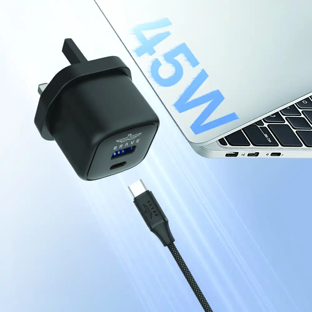 BRAVE BTC-43 45W GaN USB-C & USB-A Super Fast Charger with 60W Type-C Cable - Black