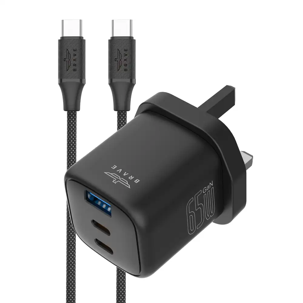 BRAVE BTC-44 65W GaN 3-Port USB-C Fast Charger with 100W Type-C Cable - Black