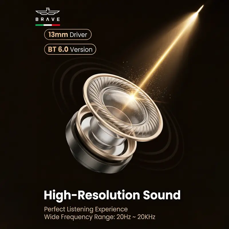 Brave Sonic Pro TWS Earbuds Bluetooth 6.0, 13mm Deep Bass, 18H Playtime, Touch Control, Sweatproof Wireless Earphones - Black